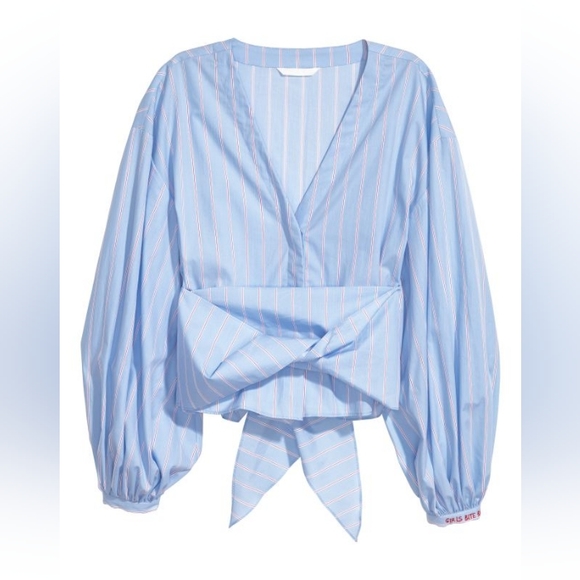 H&M Wrapped Striped Puff Sleeve Top - Picture 2 of 6